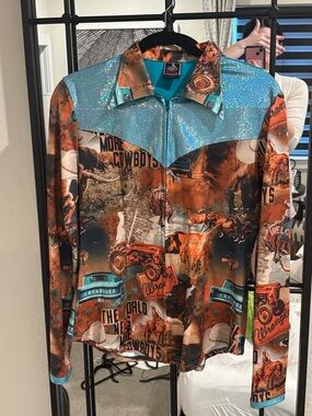 Western Print Zip-Front Blouse in Turquoise & Rust with Fringe